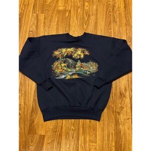 Fall Cabin Scene Autumn Leaves Sweatshirt Adult Large Navy Blue Hanes